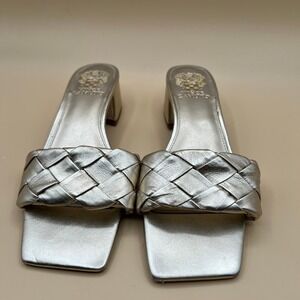 Vince Camuto Womens Gold Metallic Braided Square Toe Block Heel Mules Size 8M